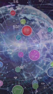 Network of digital icons and network of connections over globe against blue background