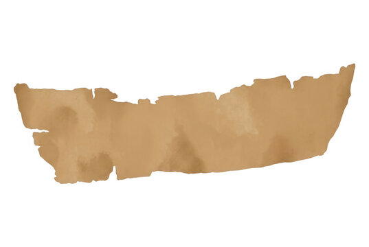 Fragment de vieux papier parchemin d&eacute;chir&eacute; avec une texture aquarelle marron, id&eacute;al pour banni&egrave;re r&eacute;tro ou &eacute;l&eacute;ment de design vintage, isol&eacute; sur fond blanc.