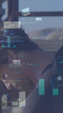 Animation of digital data processing over caucasian surfer