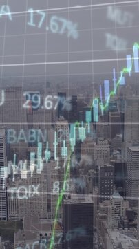 Animation of finacial data processing over cityscape