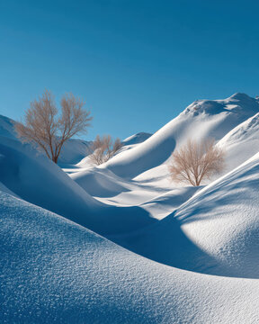 Long Tree Shadows on Snowy Mountainside - Minimalist Winter Graphic