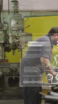 Animation of infographic interface moving over caucasian mechanic operating machinery in garage
