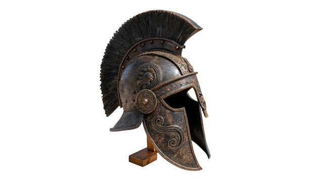 An ancient historical greek spartan warrior bronze helmet isolated on transparent background.