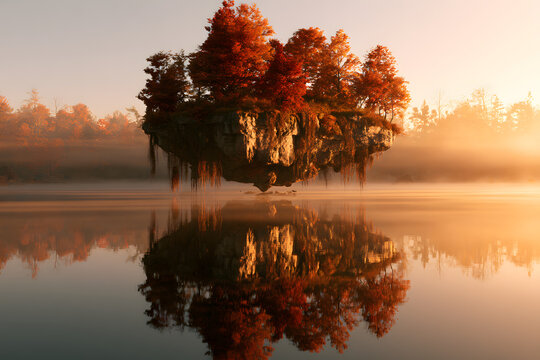 Floating Rock Island With Red Autumn Canopy And Reflection