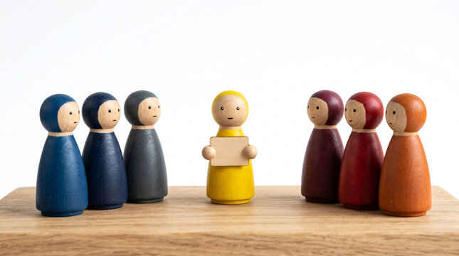 A yellow wooden peg doll stands alone, holding a small sign, facing two groups of similarly crafted figures in a staged presentation, evoking themes of individuality and communication.