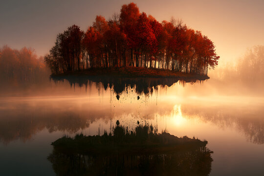 Floating Island With Bright Red Autumn Trees At Dusk