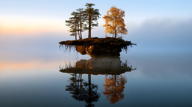 Floating Island of Pine and Golden Birch Trees Above Misty Water