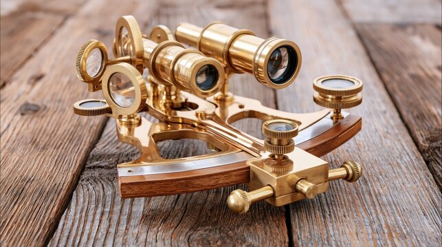 Intricate brass navigational instrument rests on a weathered wooden surface.