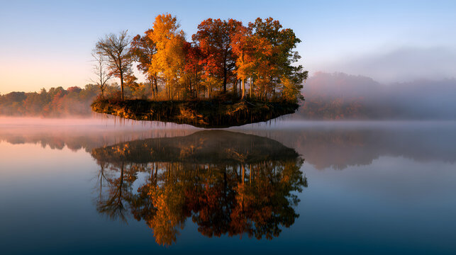 Floating Island of Multicolored Autumn Trees Above a Foggy Lake