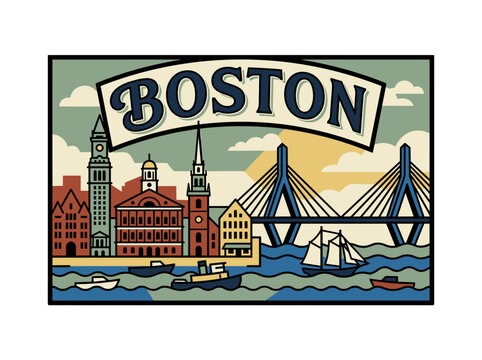 Architectural cityscape of Boston featuring colonial buildings and cable-stayed bridge over water