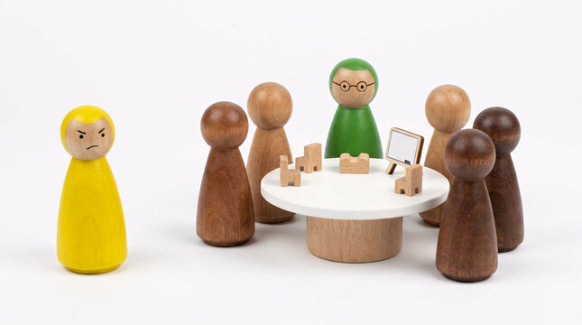 A wooden toy figure with an angry expression stands apart from a group of other figures gathered around a table, depicting exclusion and dissatisfaction.