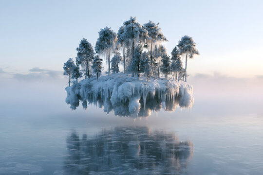 Floating forest island of snow-covered pines above a lake
