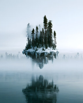 Small floating island with slender pine trees and icicles