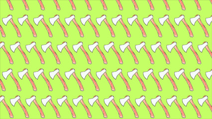 Fototapeta premium Hand Drawn Scanned Cartoon Axe Seamless Pattern with Pink Handles on Light Green Background 8K Surface Design Texture Wallpaper Construction Tools