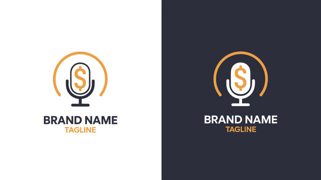 Minimalist microphone and dollar sign on light and dark backgrounds with brand name and tagline