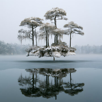 Floating island with frozen moss hanging from trees in fog