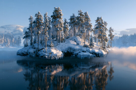 Floating island of icy pine trees at sunset with falling snow