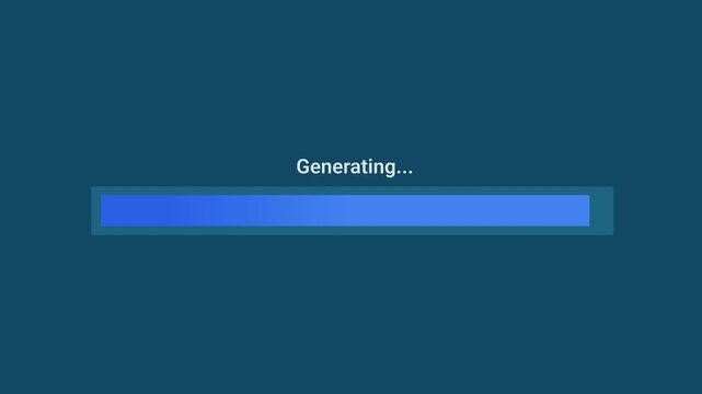 Animated motion graphics showing a blue progress bar labeled "Generating..." filling up over a dark blue background. Represents an active AI content generation, report creation, code compilation,