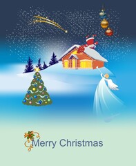 Naklejka premium Christmas composition with house, Santa Claus, and an angel