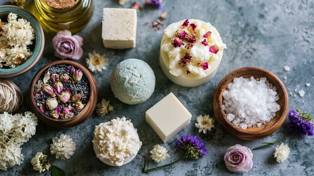 Assortment of natural bath and body products are arranged with botanicals.