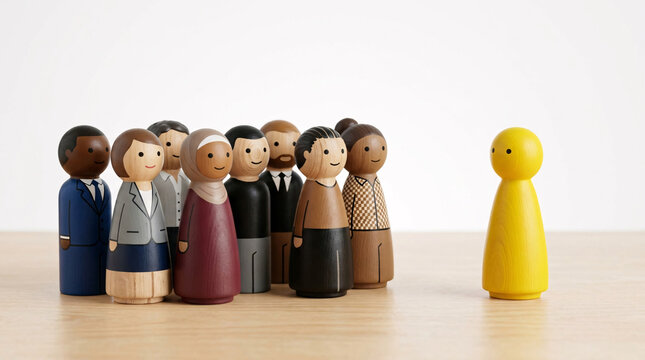 A group of diverse wooden figures face a solitary yellow figure, representing a scenario of inclusion and distinction or perhaps leadership and conformity.