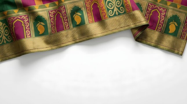 Traditional Telangana handloom fabric border with intricate gold and peacock embroidery patterns