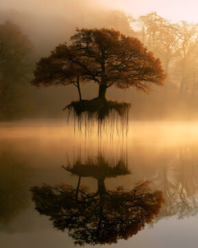 Floating Island With Autumn Oak Tree At Sunrise