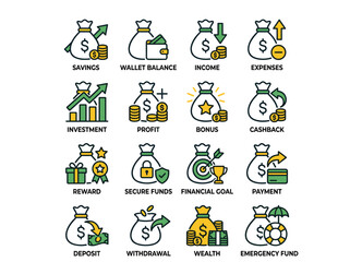 Fototapeta premium Savings, Investment and Personal Finance Money Bag Icon Set in White, Green and Yellow Hand Drawn Outline Style on White Background