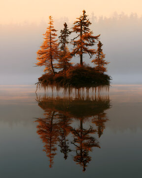 Floating Island With Pine Trees And Mist
