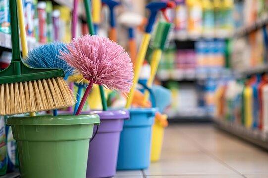 Colorful cleaning supplies for home hygiene in store