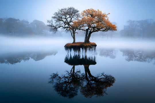 Floating Island With Autumn Trees Under A Pastel Sky