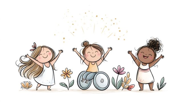 Diverse girls celebrating friendship and inclusion with flowers