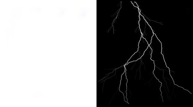 Dramatic lightning bolt illustration, electric storm strike on black background, powerful white thunderbolt flash for weather overlays