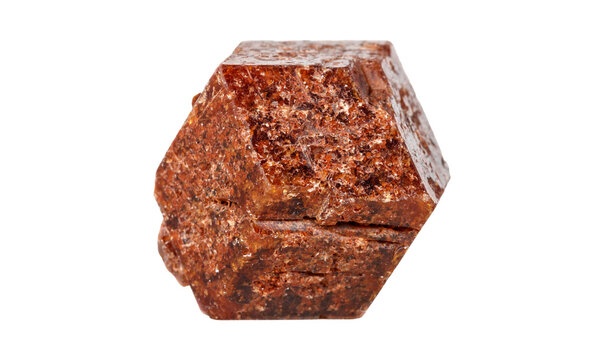 Natural rough red brown almandine garnet dodecahedron crystal. Professional educational template for science textbook, geology research and exhibition