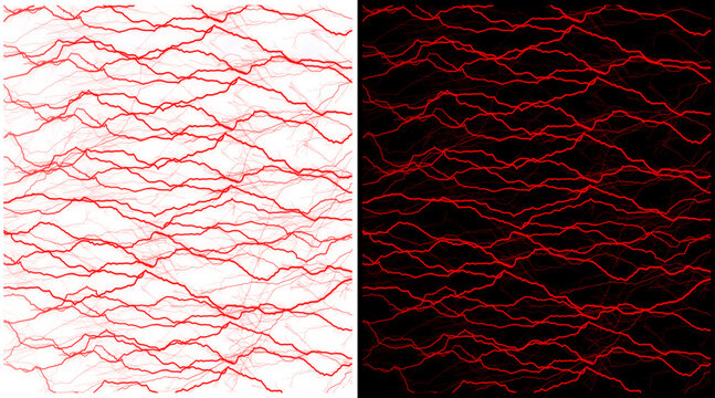 Abstract red lightning bolt patterns on black and white backgrounds, electric discharge texture, neural network vein illustration