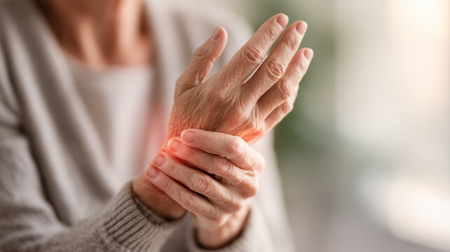 Close-up of an older adult holding a painful wrist with visible redness, representing arthritis, joint inflammation, chronic pain, musculoskeletal disorders, aging and healthcare.