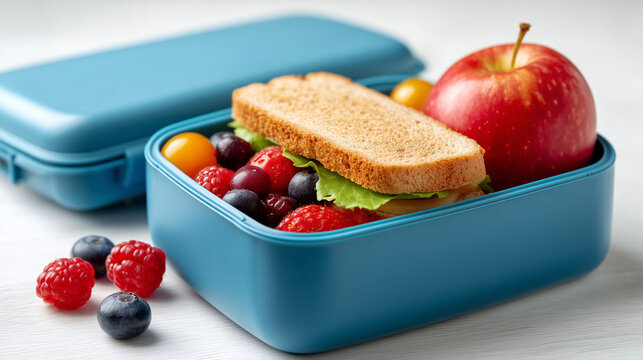 Blue lunchbox filled with a sandwich, fresh berries, tomatoes and a red apple, representing healthy school lunch, meal preparation, balanced nutrition, children's food and convenient packed meals.