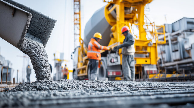 Construction workers pouring fresh concrete at a building site, highlighting concrete placement, infrastructure development, heavy machinery, engineering and professional construction work.