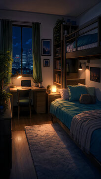 Cozy anime style bedroom interior at night featuring a bunk bed, study desk with a laptop, and city lights visible through window creating warm ambiance.