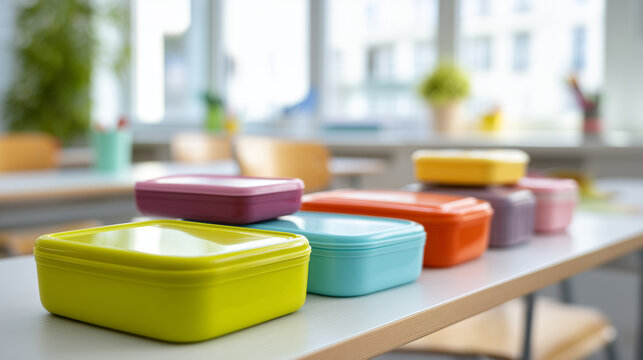 Colorful reusable lunch containers arranged on a classroom table, representing school meals, food storage, children's nutrition, meal preparation and back to school organization.