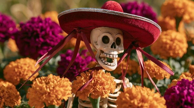 Marigolds and a skull with a sombrero decorate a grave during the Day of the Dead celebration