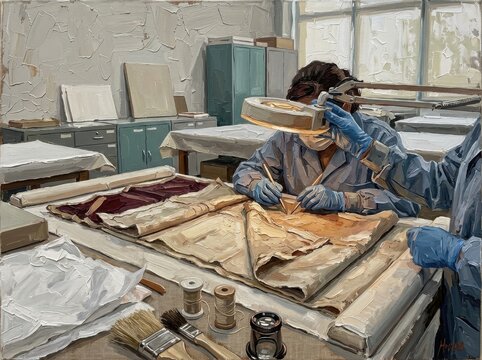 Textile conservators restoring historical fabrics in a studio setting