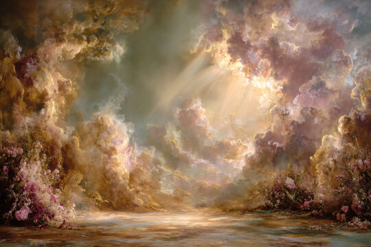 Studio Backdrop. Heavenly Dreamscape. Ethereal Clouds and Floral Fantasy.