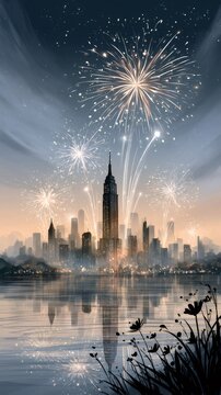New york city skyline celebrating with fireworks at night