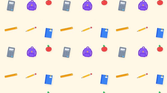 Seamless Back to School animated pattern featuring pencil notebook ruler backpack apple and calculator with organized repeating motion