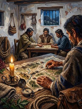 Men examining a historic map in a rustic room for cultural planning discussion