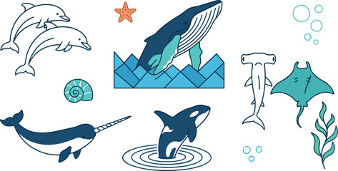 Marine Wildlife and Sea Life Vector Illustration Set with Whale Dolphin Orca Narwhal Hammerhead Shark and Manta Ray Symbols for Educational Children Designs © Mark Zukerbag