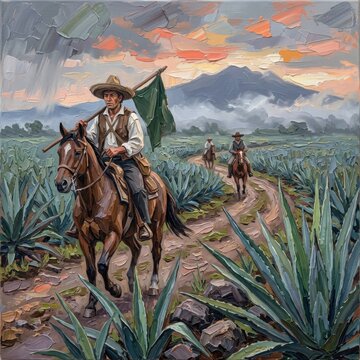 Horsemen riding through agave field at sunset in Mexico celebrating heritage