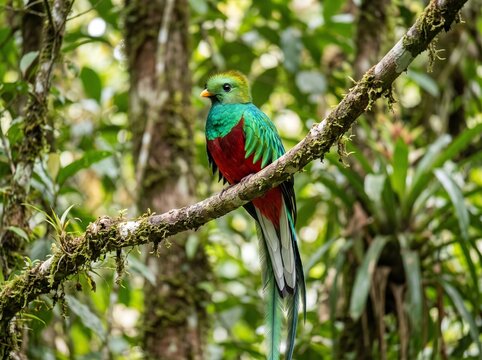Colorful Exotic Quetzal Bird with Long Tail Feathers in Cloud Forest