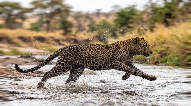 African leopard running and splashing through shallow river stream side view action shot